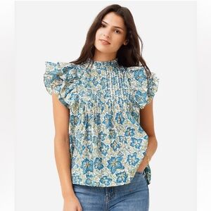 Oliphant Blue Odisha Pintuck Ruffle Blouse Size Small